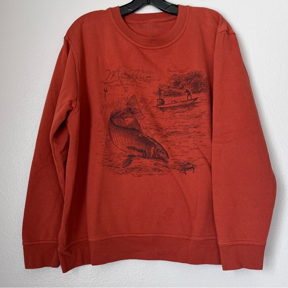 Magellan Mens Long Sleeve Crew Neck Sweater Red Orange Fish XL Vintage - Picture 1 of 8